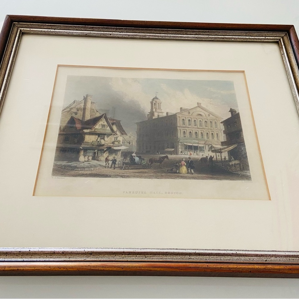 Antique Framed William H Bartlett ,Faneuil Hall Market Color Engraving